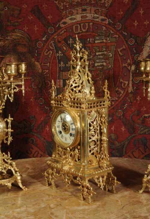 fig 5. Stunning Antique French Gilt Bronze Gothic Clock Set with Dragons