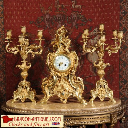 Japy Freres Large Bronze Rococo Clock Set