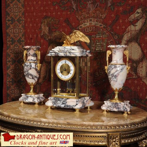 Stunning Ormolu and Specimen Marble Four Glass Crystal Regulator Set 
By Fritz Marti
