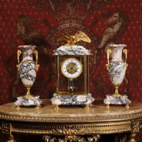 fig 1. Stunning Ormolu and Specimen Marble Four Glass Crystal Regulator Set
by Fritz Marti