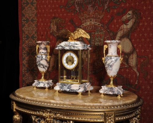 fig 3. Stunning Ormolu and Specimen Marble Four Glass Crystal Regulator Set
by Fritz Marti