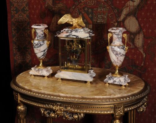 fig 4. Stunning Ormolu and Specimen Marble Four Glass Crystal Regulator Set
by Fritz Marti