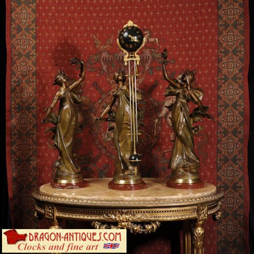 Rare Art Nouveau Swinging Mystery Clock Set
by Auguste Louis Mathurin Moreau (1834-1917)