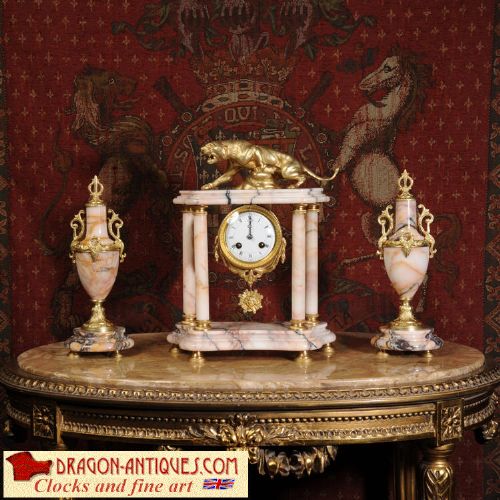 Specimen Marble and Ormolu Clock Set ~ Lionne En Furie 
After T. F Cartier