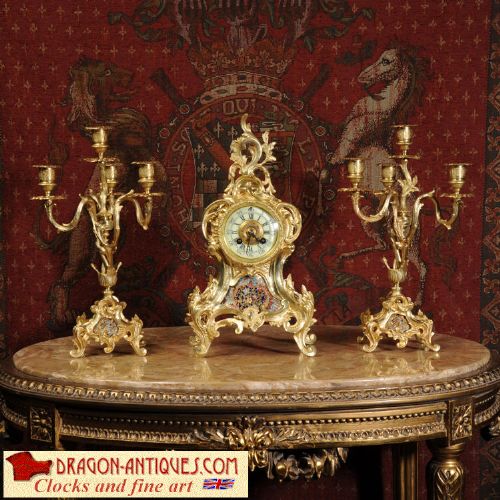 Cloisonné Enamel Mounted Antique French Gilt Brass Clock Set