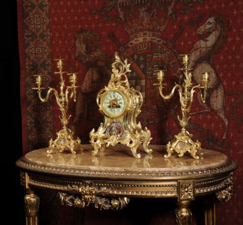 fig 1. Cloisonné Enamel Mounted Antique French Gilt Brass Clock Set