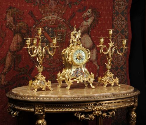 fig 2. Cloisonné Enamel Mounted Antique French Gilt Brass Clock Set