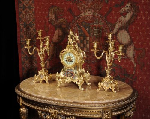 fig 3. Cloisonné Enamel Mounted Antique French Gilt Brass Clock Set