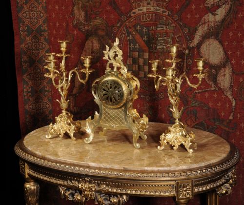 fig 4. Cloisonné Enamel Mounted Antique French Gilt Brass Clock Set