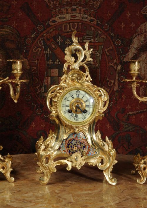 fig 5. Cloisonné Enamel Mounted Antique French Gilt Brass Clock Set
