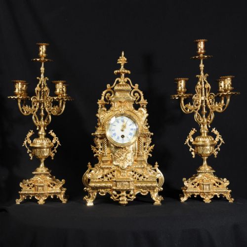 Stunning Louis Xvi Gilt Brass Candelabra Clock Set