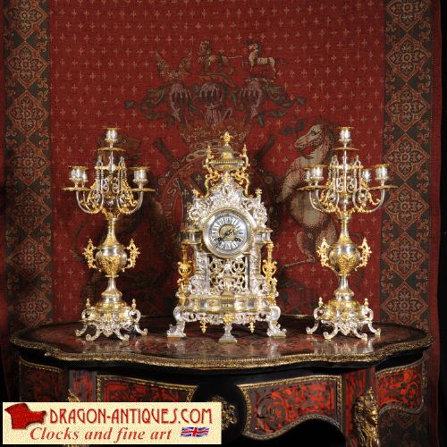 Superb Silvered and Gilt Bronze Clock Set