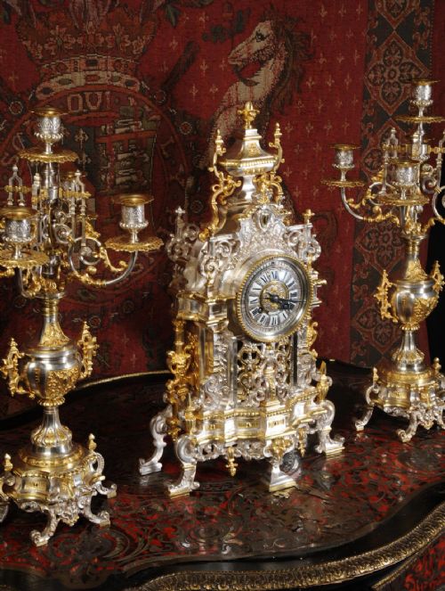 fig 6. Superb Silvered and Gilt Bronze Clock Set