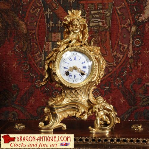 Stunning Rococo Gilt Bronze Boudoir Clock with Cherubs