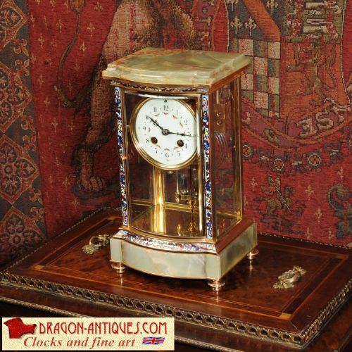 Bow Front Cloisonné Enamel, Ormolu and Onyx Four Glass Regulator