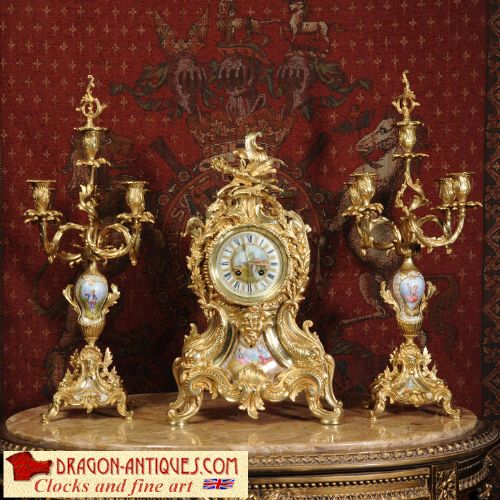 Large and Superb Porcelain and Ormolu Clock Set, A. D. Mougin