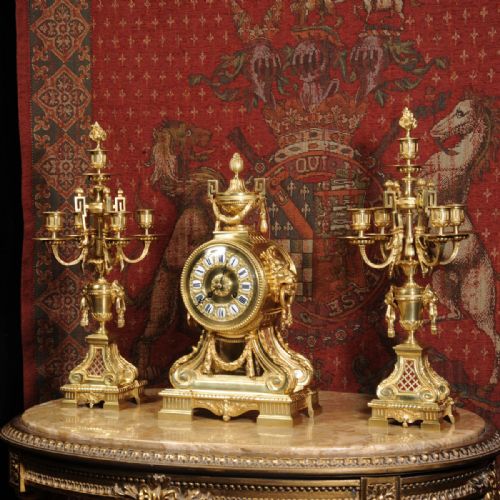 Magnificent Gilt Bronze Drum Head Clock Set by Henry Marc, Paris