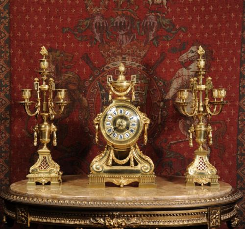 fig 1. Magnificent Gilt Bronze Drum Head Clock Set by Henry Marc, Paris
