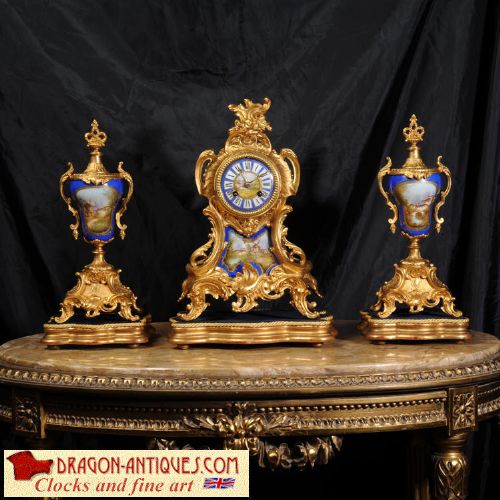 Stunning Sevres Porcelain Mounted Gilt Metal Rococo Clock Set
