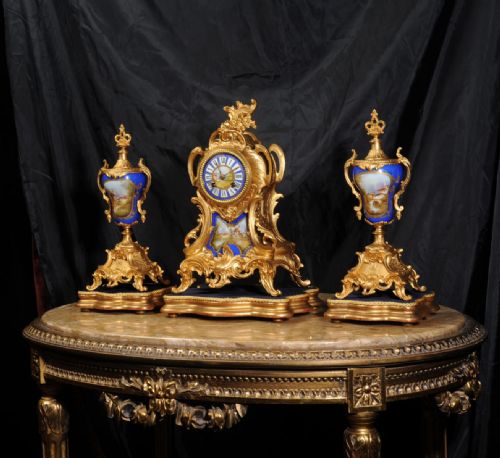 fig 1. Stunning Sevres Porcelain Mounted Gilt Metal Rococo Clock Set