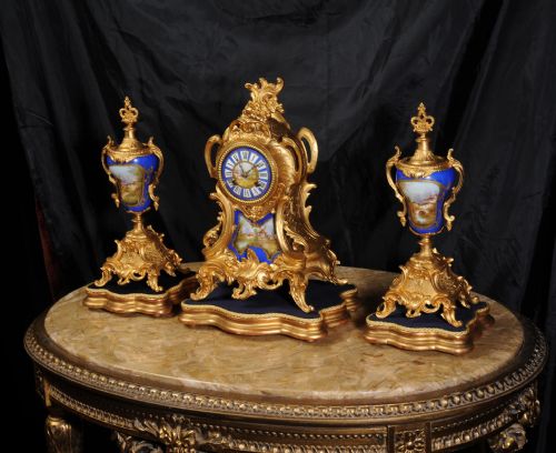 fig 2. Stunning Sevres Porcelain Mounted Gilt Metal Rococo Clock Set