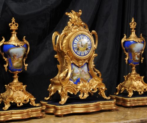 fig 4. Stunning Sevres Porcelain Mounted Gilt Metal Rococo Clock Set