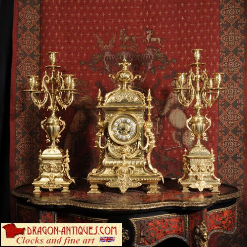 Huge Antique French Gilt Bronze Clock Set