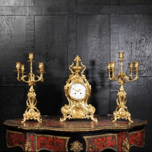 Stunning Antique French Gilt Bronze Rococo Clock Set ~ Dolphins