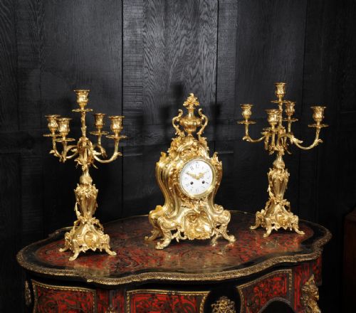 fig 2. Stunning Antique French Gilt Bronze Rococo Clock Set ~ Dolphins