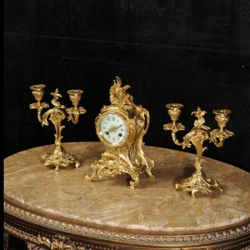 Louis Japy Rococo Boudoir Clock Set, Small and Delicate