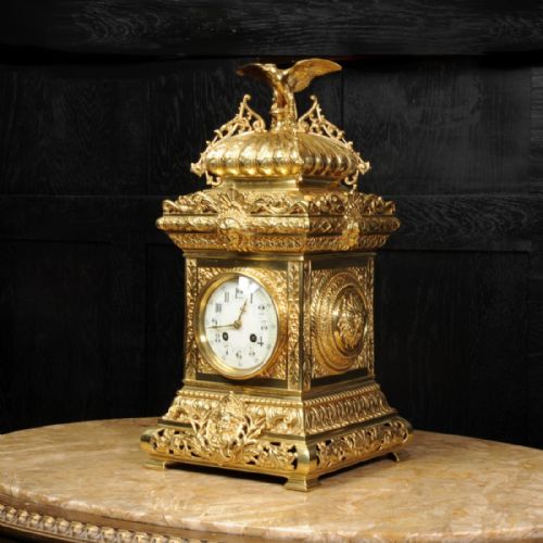 Antique Table Clock ~ French Gilt Bronze by Samuel Marti with Eagle