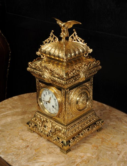 fig 1. Antique Table Clock ~ French Gilt Bronze by Samuel Marti with Eagle