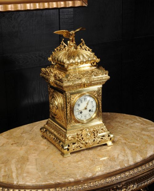 fig 3. Antique Table Clock ~ French Gilt Bronze by Samuel Marti with Eagle
