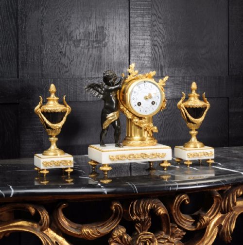 Antique French Bronze, Ormolu and Marble Boudoir Clock Set