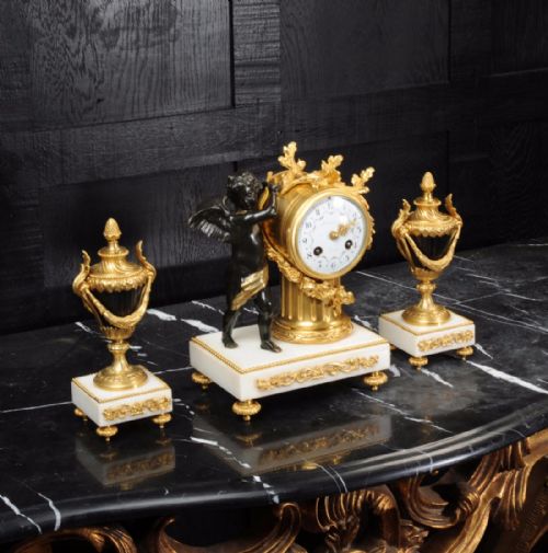fig 3. Antique French Bronze, Ormolu and Marble Boudoir Clock Set
