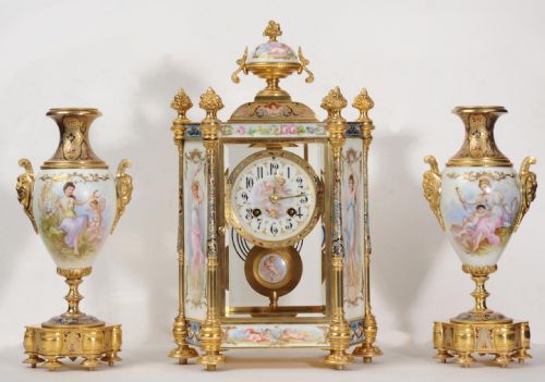 Sèvres Porcelain and Champlevé Enamel Clock Set