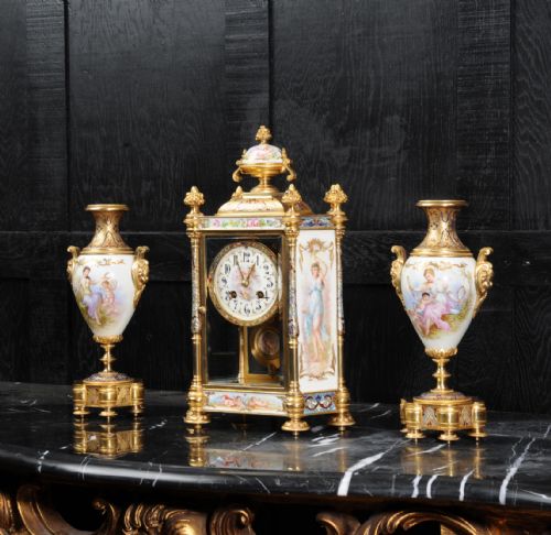 fig 1. Sèvres Porcelain and Champlevé Enamel Clock Set