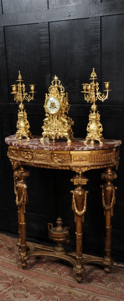 Antique French Gilt Bronze Gothic Clock Set