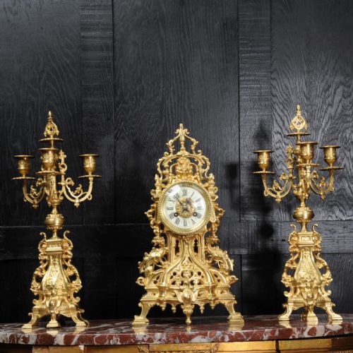fig 1. Antique French Gilt Bronze Gothic Clock Set