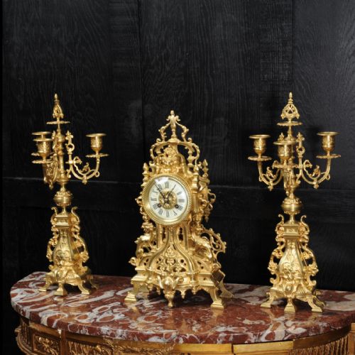 fig 2. Antique French Gilt Bronze Gothic Clock Set