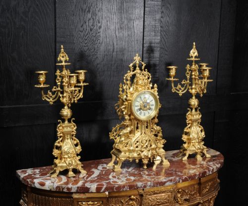 fig 3. Antique French Gilt Bronze Gothic Clock Set