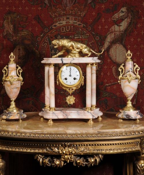 Specimen Marble and Ormolu Clock Set ~ Lionne En Furie After T. F Cartier