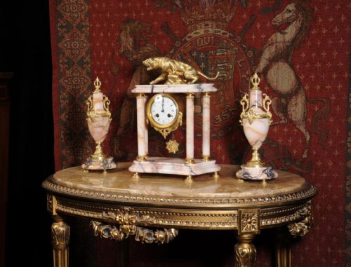 fig 1. Specimen Marble and Ormolu Clock Set ~ Lionne En Furie after T. F Cartier