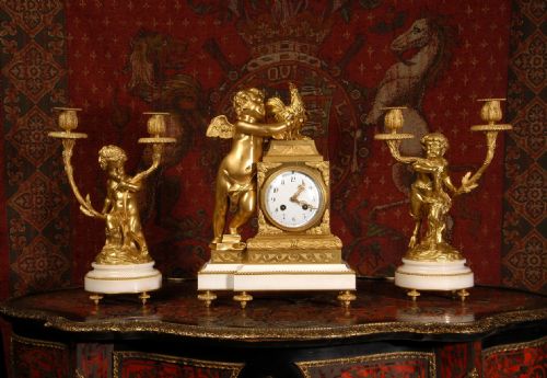 Fine Ormolu and White Marble Clock Set by Vincenti