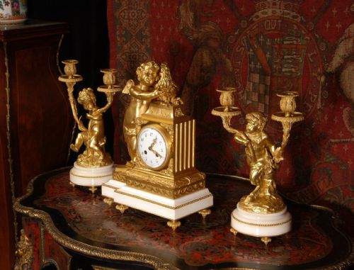 fig 1. Fine Ormolu and White Marble Clock Set by Vincenti