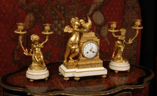 fig 2. Fine Ormolu and White Marble Clock Set by Vincenti