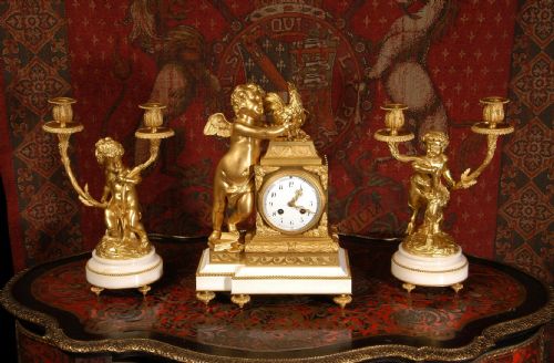fig 3. Fine Ormolu and White Marble Clock Set by Vincenti