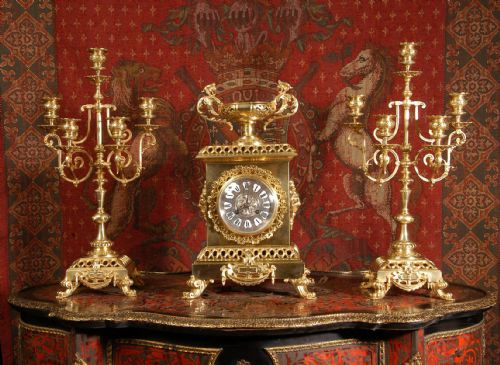 Classical Gilt Bronze Clock Set by  Compagnie Des Bronzes
