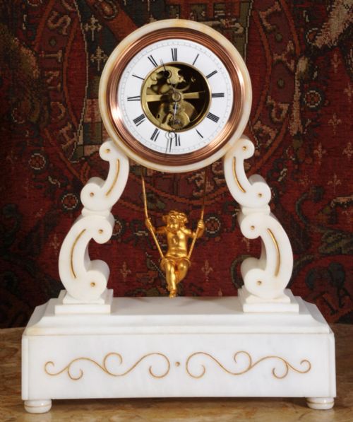 Eugéne Farcot Rare Large Marble Cherub on a Swing Boudoir Clock