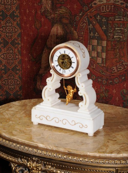 fig 1. Eugéne Farcot Rare Large Marble Cherub On A Swing Boudoir Clock